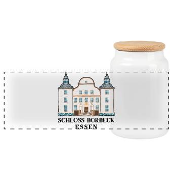Essen, Ruhrgebiet, Schloss Borbeck Zeichnung - Panorama Keksdose mit Holzdeckel - Weiß - Vorne