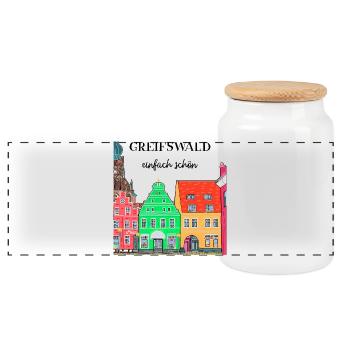 Greifswald Einfach schön, Fassaden am Fischmarkt - Panorama Keksdose mit Holzdeckel - Weiß - Vorne