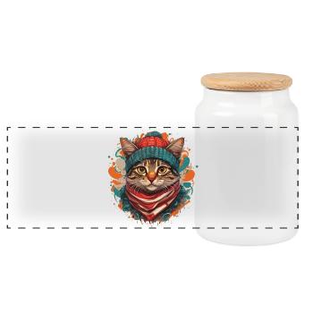 Un chat mignon portant une écharpe épaisse et un chapeau - Boîte à biscuits avec couvercle en bois - blanc - Devant
