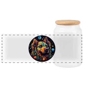 Chien de l’espace coloré avec des planètes - Boîte à biscuits avec couvercle en bois - blanc - Devant