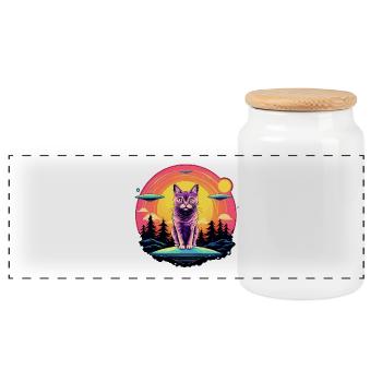 Funny Cat with UFOs Cat Lover Cat - Panoramic Cookie Jar with Wooden Lid - white - Front