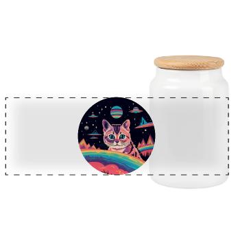 Cat with UFOs in space - Panoramic Cookie Jar with Wooden Lid - white - Front
