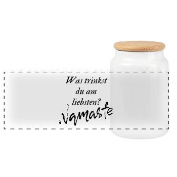 Was trinkst du am liebsten? Namaste - Panorama Keksdose mit Holzdeckel - Weiß - Vorne