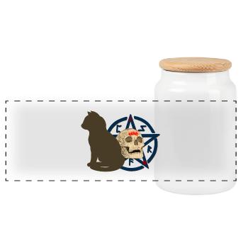 Pentagram muster, Katzen design, Menschenschädel - Panorama Keksdose mit Holzdeckel - Weiß - Vorne