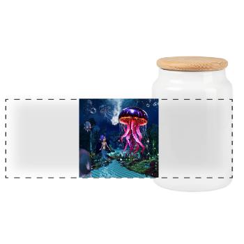 Cute mermaid look at the beautiful jellyfish. - Panoramic Cookie Jar with Wooden Lid - white - Front