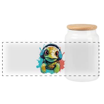 Turtle with headphones Turtles - Panoramic Cookie Jar with Wooden Lid - white - Front