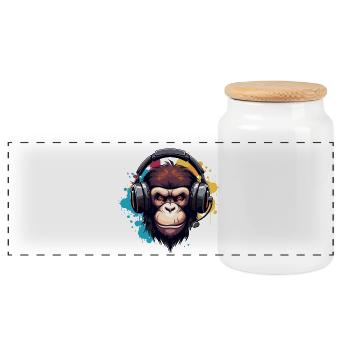 Singe avec des écouteurs, animal, chimpanzé, singe - Boîte à biscuits avec couvercle en bois - blanc - Devant