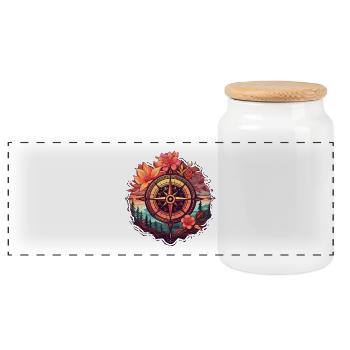Wunderschöner Boho Kompass mit Blumen und Bäumen - Panorama Keksdose mit Holzdeckel - Weiß - Vorne
