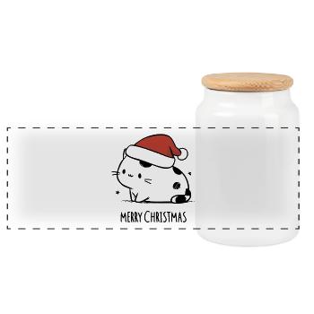 Christmas Cat - Winter Tenderness - Panoramic Cookie Jar with Wooden Lid - white - Front
