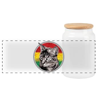 Cat face with reggae flag - Panoramic Cookie Jar with Wooden Lid - white - Front