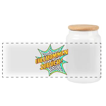 SCHRIFTZUG WILLKOMMEN ZURÜCK - POPART STYLE - Panorama Keksdose mit Holzdeckel - Weiß - Vorne