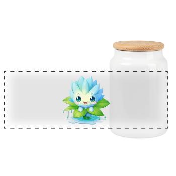 Kawaii Männchen auf Seerose – Blaues Design - Panorama Keksdose mit Holzdeckel - Weiß - Vorne