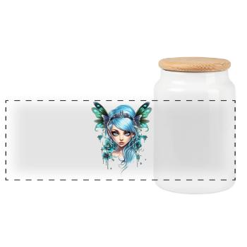 Fée Papillon aux cheveux bleus – Fantaisie - Boîte à biscuits avec couvercle en bois - blanc - Devant