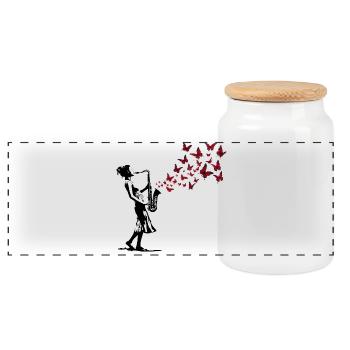 Saxophone Music Butterfly Street Art Style - Panoramic Cookie Jar with Wooden Lid - white - Front