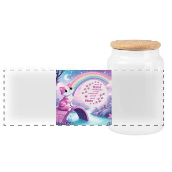 Chat avec arc-en-ciel - Boîte à biscuits avec couvercle en bois - blanc - Devant