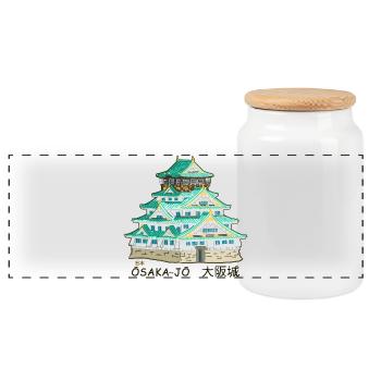 Japon Château d’Osaka-jo, Kanji, dessin à la main - Boîte à biscuits avec couvercle en bois - blanc - Devant