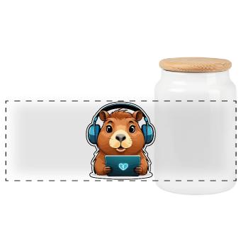 Capybara with computer - Panoramic Cookie Jar with Wooden Lid - white - Front