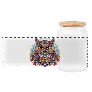 Owl decorated with Mandalas - Panoramic Cookie Jar with Wooden Lid - white - Front
