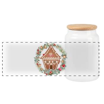 Gingerbread house in eucalyptus wreath for Christmas - Panoramic Cookie Jar with Wooden Lid - white - Front