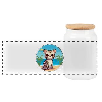 Ozelot Aquarell Cartoon Kawaii Clipart Tier - Panorama Keksdose mit Holzdeckel - Weiß - Vorne