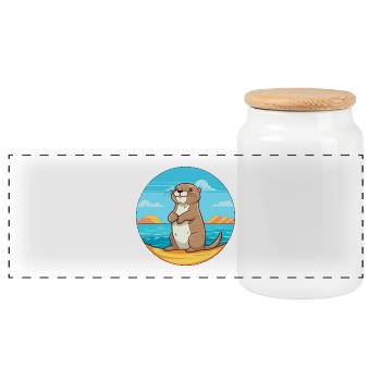 Otter Watercolor Cartoon Kawaii Clipart Animal - Panoramic Cookie Jar with Wooden Lid - white - Front