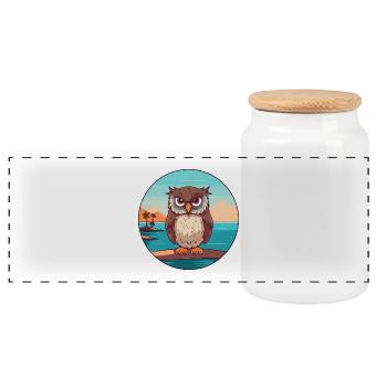 Owl Watercolor Cartoon Kawaii Clipart Animal - Panoramic Cookie Jar with Wooden Lid - white - Front