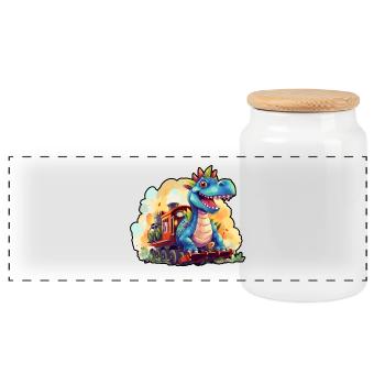 Dinosaur with Railroad Dino Rides Railroad - Panoramic Cookie Jar with Wooden Lid - white - Front