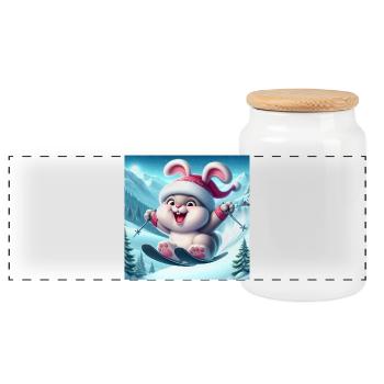 Lapin Saut Ski Noël - Boîte à biscuits avec couvercle en bois - blanc - Devant