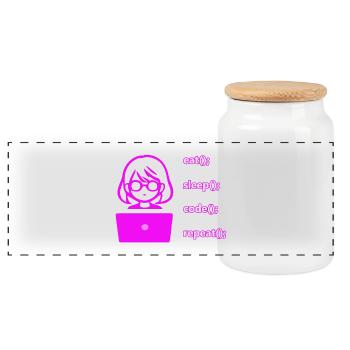 eat sleep code repeat woman computer - Panoramic Cookie Jar with Wooden Lid - white - Front