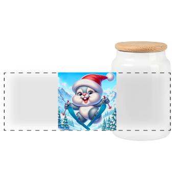 Bunny Jumping Ski Christmas - Panoramic Cookie Jar with Wooden Lid - white - Front