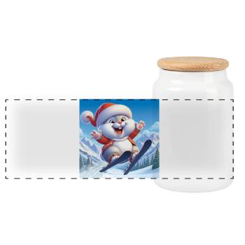 Bunny Jumping Ski Christmas - Panoramic Cookie Jar with Wooden Lid - white - Front