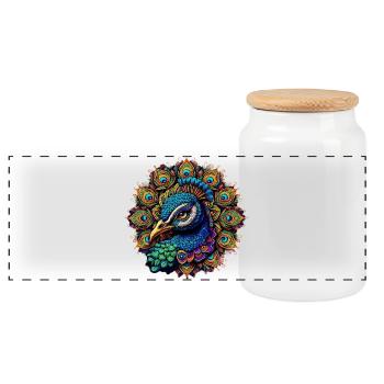 Peacock decorated with Mandalas - Panoramic Cookie Jar with Wooden Lid - white - Front