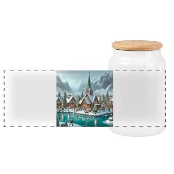 Skandinavisches Weihnachtsdorf - Panorama Keksdose mit Holzdeckel - Weiß - Vorne