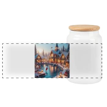 Skandinavisches Weihnachtsdorf - Panorama Keksdose mit Holzdeckel - Weiß - Vorne
