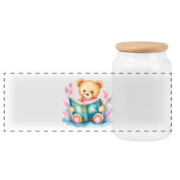 Teddy Bear with Book Watercolor - Panoramic Cookie Jar with Wooden Lid - white - Front