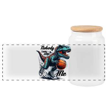 Basketball T-Rex Gift - Panoramic Cookie Jar with Wooden Lid - white - Front