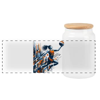 Woman Basketball Dunking Design - Panoramic Cookie Jar with Wooden Lid - white - Front
