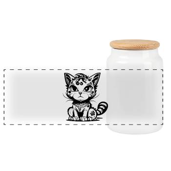 Cute Seated Manga Comic Cat - Panoramic Cookie Jar with Wooden Lid - white - Front