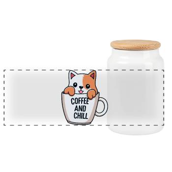 Cute Cat in Coffee Mug Design - Panoramic Cookie Jar with Wooden Lid - white - Front
