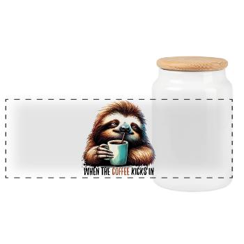 Faultier Kaffee kickt Geschenk - Panorama Keksdose mit Holzdeckel - Weiß - Vorne