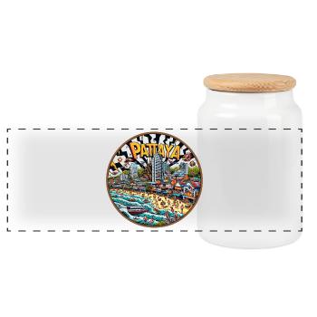 Pattaya Thailand City Design - Panoramic Cookie Jar with Wooden Lid - white - Front