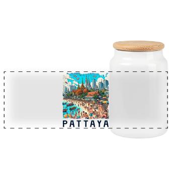 Pattaya Thailand beach design - Panoramic Cookie Jar with Wooden Lid - white - Front