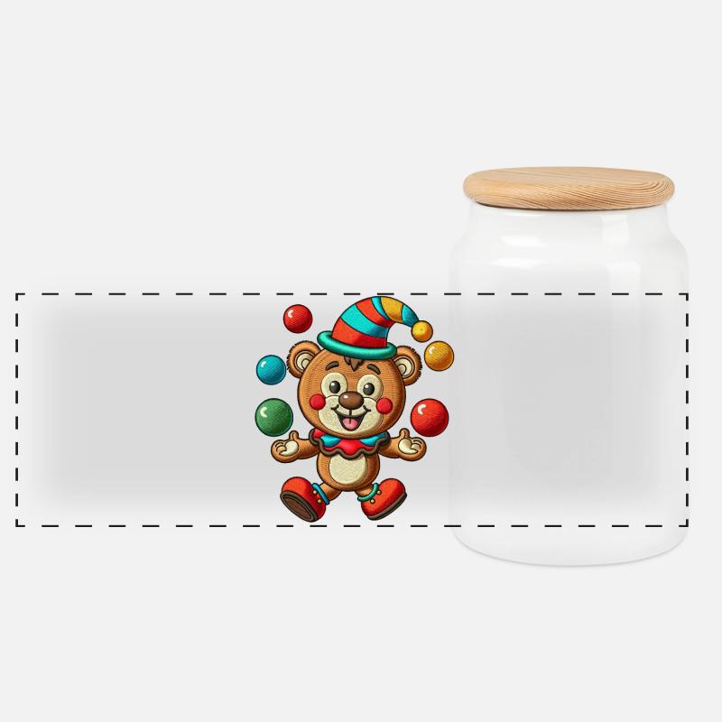 Whimsical Circus Bear with Juggling Balls - Panoramic Cookie Jar with Wooden Lid - white