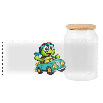 Adventurous Turtle Driving Car - Panoramic Cookie Jar with Wooden Lid - white - Front