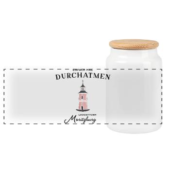 Moritzburg in Sachsen, Leuchtturm Handzeichnung - Panorama Keksdose mit Holzdeckel - Weiß - Vorne