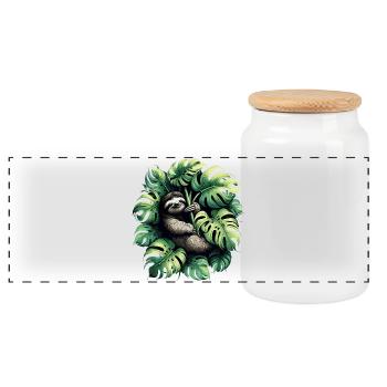 Monstera deliciosa Faultier Geschenk - Panorama Keksdose mit Holzdeckel - Weiß - Vorne