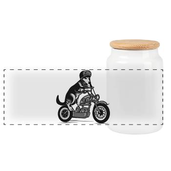Hund fährt Motorrad | Dog rides a motorcycle - Panorama Keksdose mit Holzdeckel - Weiß - Vorne