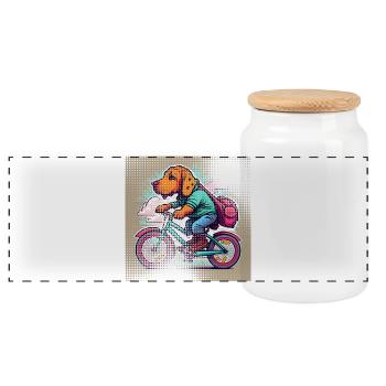 dog on bike | Transparent effect - Panorama Keksdose mit Holzdeckel - Weiß - Vorne