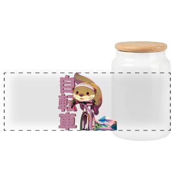 Anime Manga Cycling Otter - Panoramic Cookie Jar with Wooden Lid - white - Front