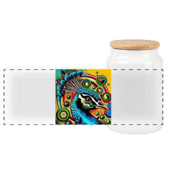 Pfau Pop Art - Panorama Keksdose mit Holzdeckel - Weiß - Vorne